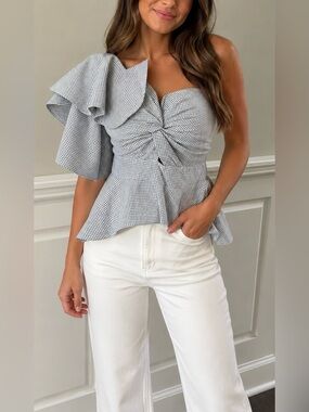 Haute Rogue Asymmetrical One-Shoulder Ruffled Gingham Peplum Top Black & White-S